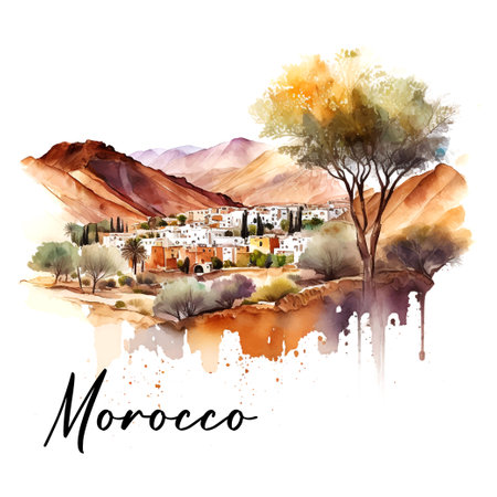 Picturesque landscape of Morocco watercolor art africaのイラスト素材