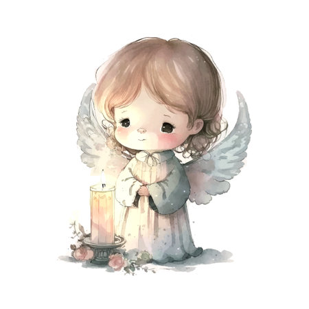 Cute Easter angel with a candle in his hands Watercolor Cartoon Christmas on white backgroundのイラスト素材