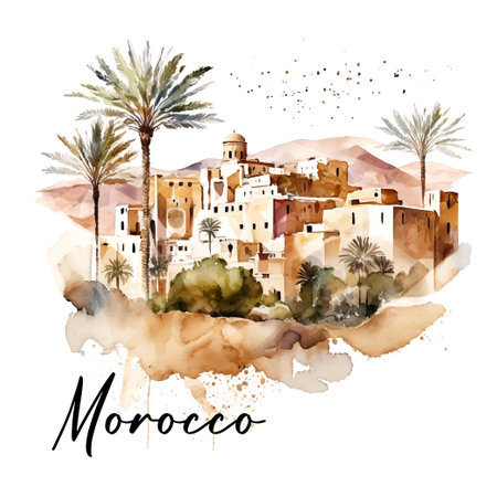 Picturesque landscape of Morocco watercolor art africaのイラスト素材
