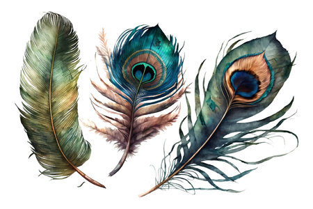 Boho watercolor pen peacock feathers decoration colorのイラスト素材
