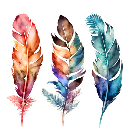 3 hand drawn boho watercolor feathers with ornaments on white backgroundのイラスト素材