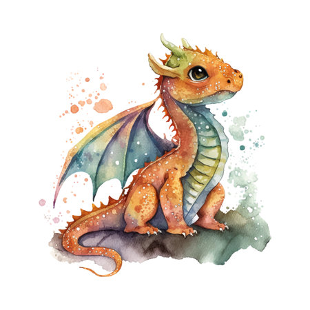 Watercolor red orange and black little cute baby dragon vector illustration.のイラスト素材