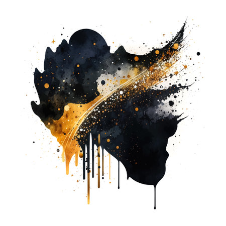Trendy abstract illustration with black gold glitter watercolor splash spot on white background. Trendy style. Gold vector ink marble.のイラスト素材