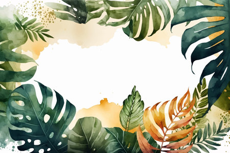 Watercolor tropical leaves background vector. Luxury wallpaper with watercolor, tropical leaf framed, palm leaf, flower,Vivid foliage, exotic greenのイラスト素材