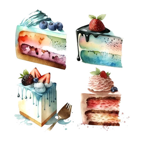 set vector watercolor cake, piece of cake. It can be used for card, postcard, cover, invitation, wedding card, mothers day card, birthday card, menu, recipe.のイラスト素材