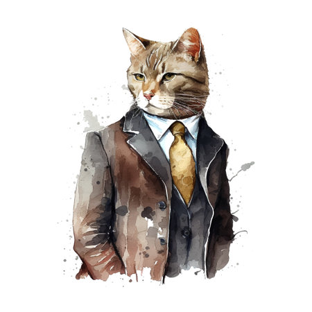 Illustration of Cat in Business Suit Isolated on white Background Watercolorのイラスト素材