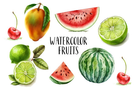 Watercolor painted collection of fruits. Hand drawn fresh food design elements isolated on white background.のイラスト素材