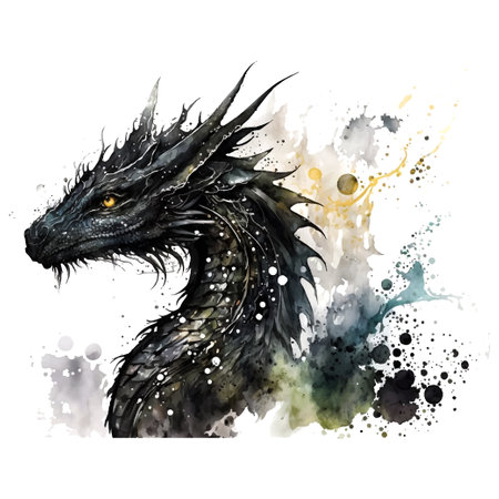 Watercolor black little cute baby dragon vector illustration.のイラスト素材