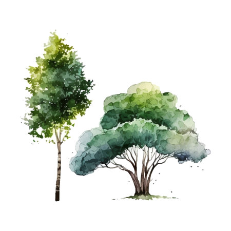 Watercolor tree hand draw vector nature paintingのイラスト素材