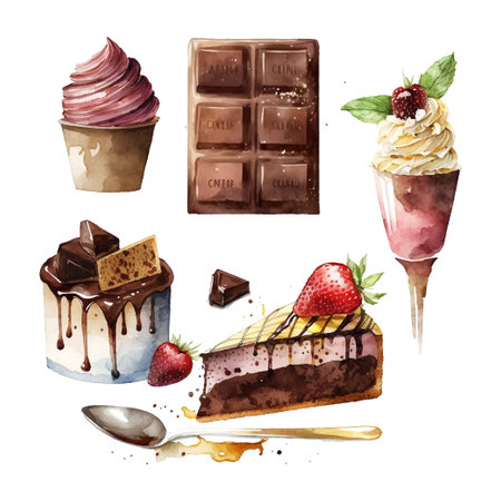 chocolate cake desert watercolor Slice of chocolate cake. Sketch watercolor style. Vector illustration.のイラスト素材