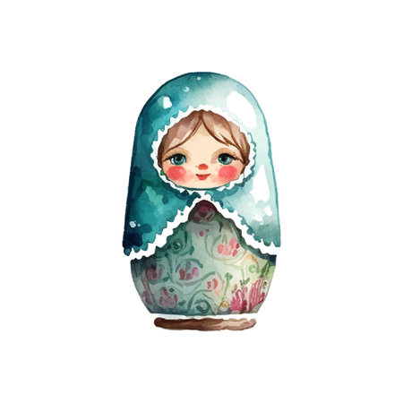 watercolor vector Russia matryoshka doll flowers Russian Dayのイラスト素材