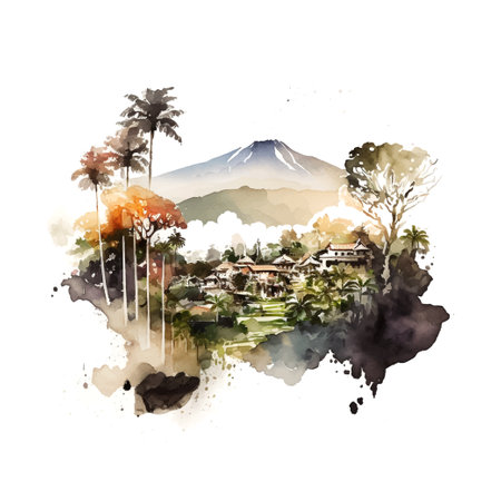 Scenic landscape bali watercolor. Art design. Tropical background. White color background. Religion Travel Nature beauty. Mountain landscapeのイラスト素材