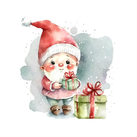 Retro little santa christmas watercolor, great design for any purposes. Funny vector illustration. Baby postcard.のイラスト素材