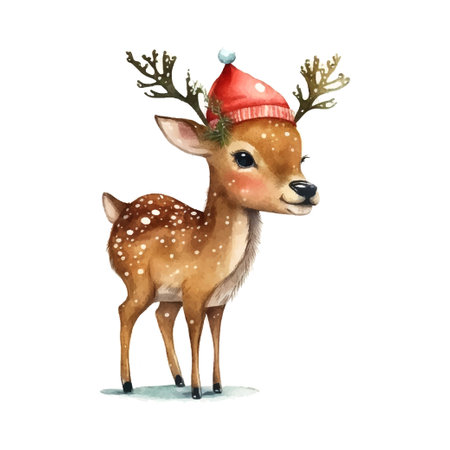 Christmas little deer watercolor in beautiful style. Vintage watercolor portrait. Cartoon vector illustration. Funny vector hand drawnのイラスト素材