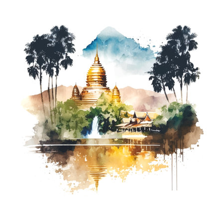 Green scenic landscape thailand watercolor white background for wallpaper design. Summer vacation. Travel background. Blue background. Summer seascape.のイラスト素材