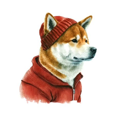 Card with watercolor akita christmas New year red hat. Christmas vector. Funny puppy. Vector cartoon illustrationのイラスト素材