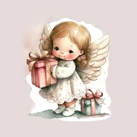 Christmas Angel with gift watercolor. Isolated vector illustration. Holiday background, poster vector illustration. Vector collection. Vector drawing.のイラスト素材