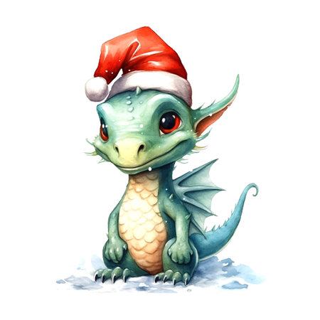 Fantasy cute dragon with christmas hat, great design watercolor White color background. New Year 2024 Vector art illustration. Cartoon dragonのイラスト素材