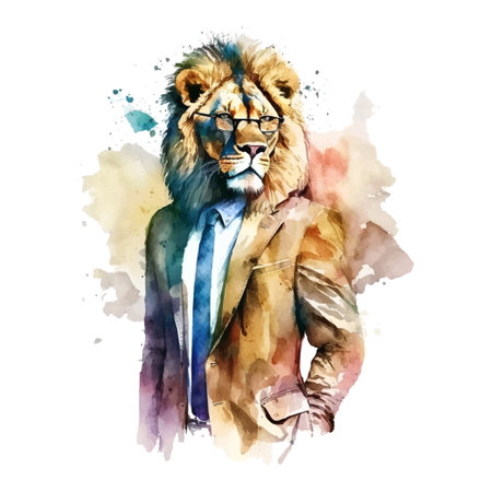 Trendy cartoon poster with lion fashion suit watercolor white background. Trendy vector illustration. Fashion, style clothes. Isolated vector illustration.のイラスト素材