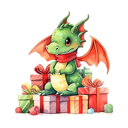 Fantasy cute dragon with gifts christmas, great design watercolor White color background. New Year 2024 Vector art illustration. Cartoon dragonのイラスト素材