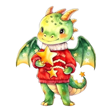Fantasy cute dragon with star christmas, great design watercolor White color background. New Year 2024 Vector art illustration. Cartoon dragonのイラスト素材