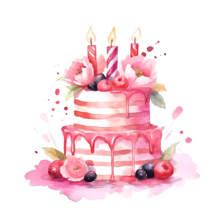Colorful pink birthday cake watercolor in vintage style on white background. Hand drawn vector poster. Wedding invitation poster.のイラスト素材