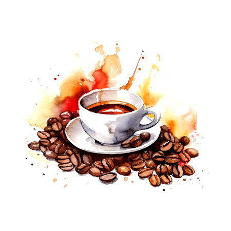 Black coffee mug watercolor in retro style on white background. Shop poster design. Sketch drawing. Sweet food.のイラスト素材