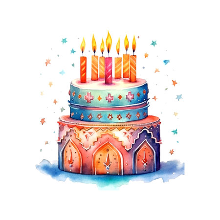 Colorful pink birthday cake watercolor in vintage style on white background. Hand drawn vector poster. Wedding invitation poster.のイラスト素材