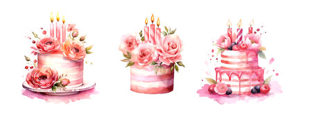 Colorful pink birthday cake watercolor in vintage style on white background. Hand drawn vector...