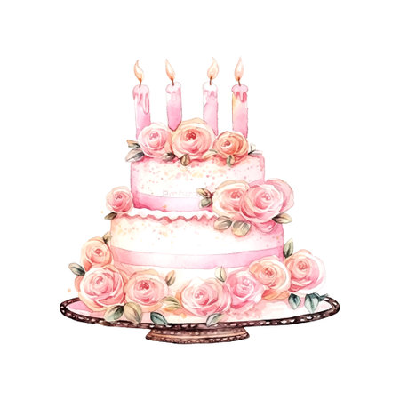 Colorful pink birthday cake watercolor in vintage style on white background. Hand drawn vector poster. Wedding invitation poster.のイラスト素材