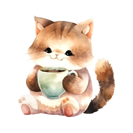 Sketch cat with cup of coffee watercolor for print design. Template, background, banner, card, poster. Cartoon style character. Love concept.のイラスト素材