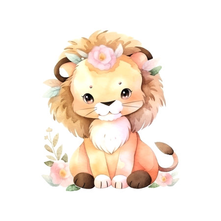 Lion baby watercolor in beautiful style. Animal wildlife holiday cartoon character. Vector collection. Summer nature decoration. Colorful vector illustration. Poster design.のイラスト素材