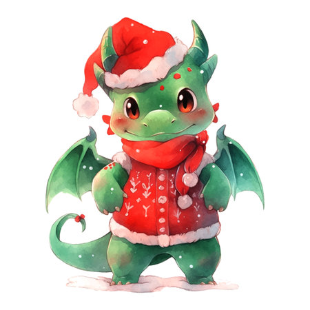 Fantasy cute dragon with christmas sweater, great design watercolor White color background. New Year 2024 Vector art illustration. Cartoon dragonのイラスト素材