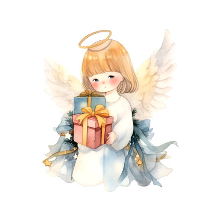 Christmas Angel with gift watercolor. Isolated vector illustration. Holiday background, poster vector illustration. Vector collection. Vector drawing.のイラスト素材