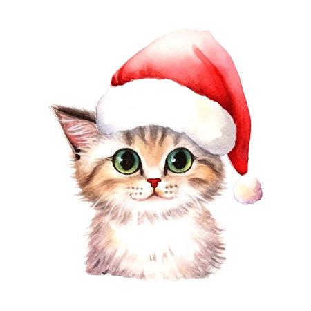 Christmas little cat watercolor in sketch style Hand drawn sketch. Vector drawing. Cute funny character. White background.のイラスト素材