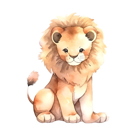 Lion baby watercolor in beautiful style. Animal wildlife holiday cartoon character. Vector collection. Summer nature decoration. Colorful vector illustration. Poster design.のイラスト素材