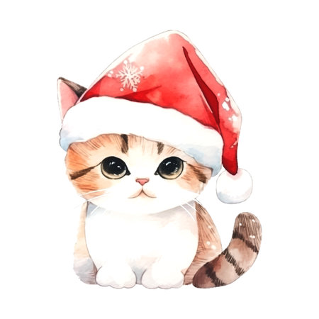 Christmas little cat watercolor in sketch style Hand drawn sketch. Vector drawing. Cute funny character. White background.のイラスト素材