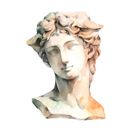Contemporary art with antique statue head watercolor illustration. Work of art of the era of excitement. Hand drawing illustration Period of Renaissance. Sculpture of Michelangelo.のイラスト素材