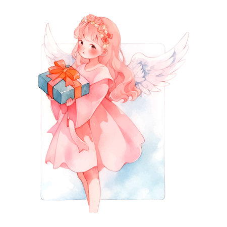 Christmas Angel with gift watercolor. Isolated vector illustration. Holiday background, poster vector illustration. Vector collection. Vector drawing.のイラスト素材
