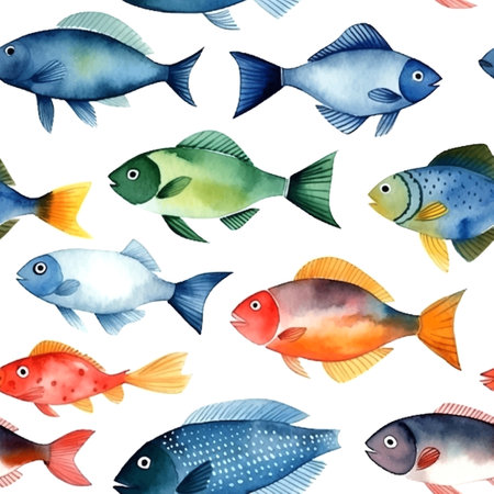Fish pattern watercolor in sketch style. Botanical seamless pattern. Vector art illustration.のイラスト素材