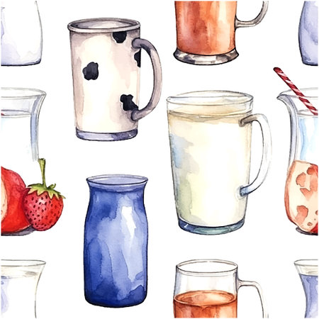Milk pattern watercolor, great design for any purposes. Seamless vector ornament. Fresh healthy food.のイラスト素材