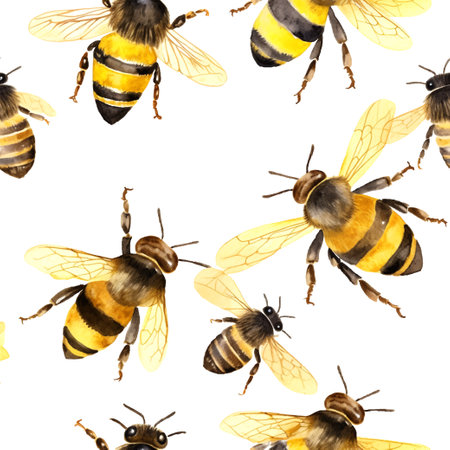Bee pattern watercolor in paper art style on white background. Botanical seamless pattern. Summer nature decoration.のイラスト素材