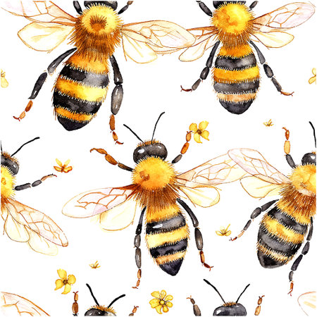 Bee pattern watercolor in paper art style on white background. Botanical seamless pattern. Summer nature decoration.の写真素材