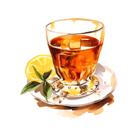 Cold tea lemon summer watercolor in retro style on white background. Natural background.のイラスト素材