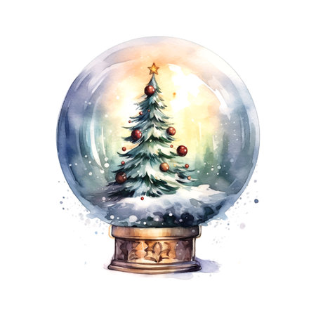 Beautiful cartoon illustration with christmas tree magic ball watercolor. Xmas celebration concept.のイラスト素材