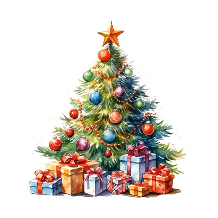 Beautiful christmas tree gifts watercolor, great design for any purposes. Holiday greeting card design. New year symbol.のイラスト素材