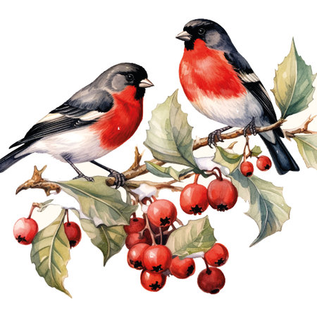 Christmas Bullfinches watercolor in hand drawn style. Vector illustration design element.のイラスト素材