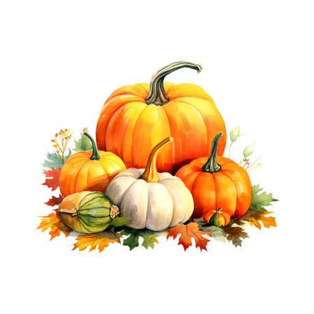 Rustic pumpkin watercolor autumn still life for celebration design. Organic food. Cozy home decor. Modern interior.のイラスト素材