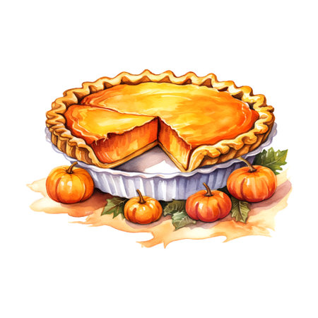 Thanksgiving pumpkin pie watercolor in vintage style. Delicious food. Hand drawing. Vector illustration seasonal greeting background. Happy festive background.のイラスト素材