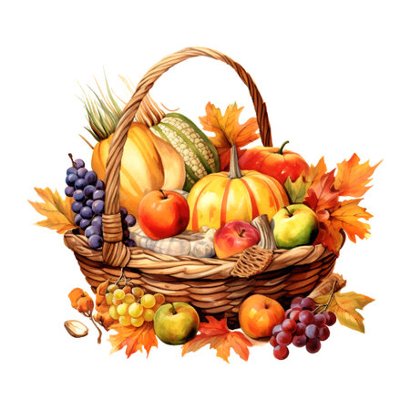 Thanksgiving cornucopia watercolor. Poster, banner, greeting card. Vector illustration. Holiday greeting card collection. Food illustration.のイラスト素材